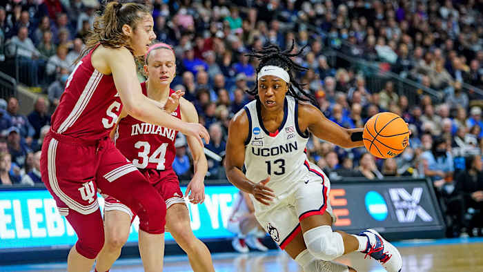 UConn’s Christyn Williams dribbles vs Indiana